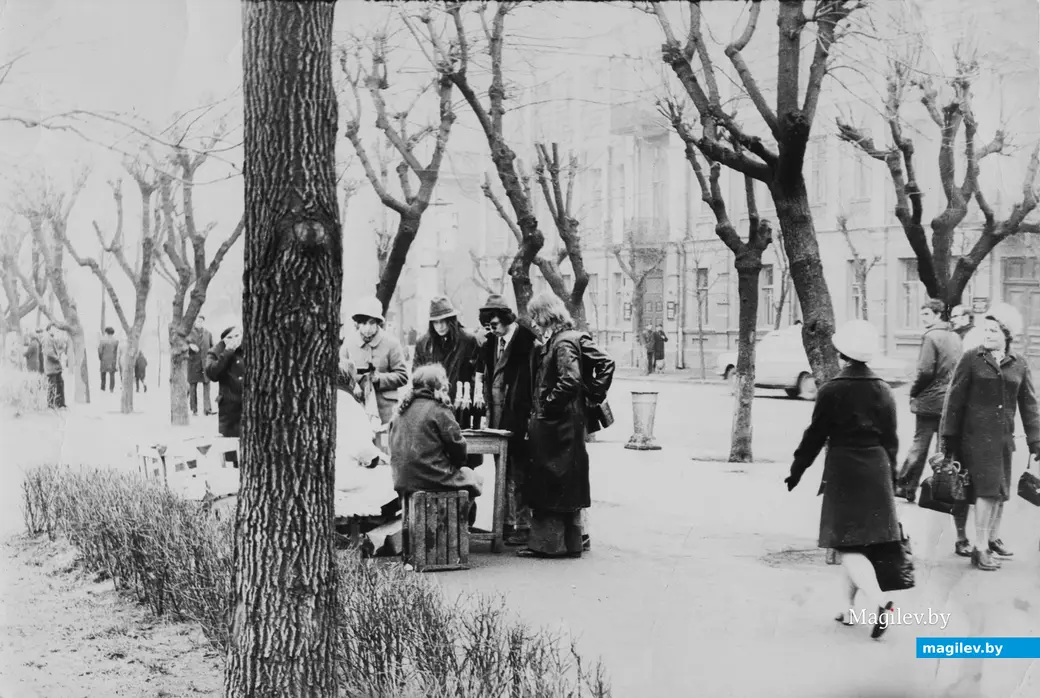 1970-е годы, накануне дня 8 марта, Могилев, ул. Первомайская. К шампанскому всегда повышенный интерес.