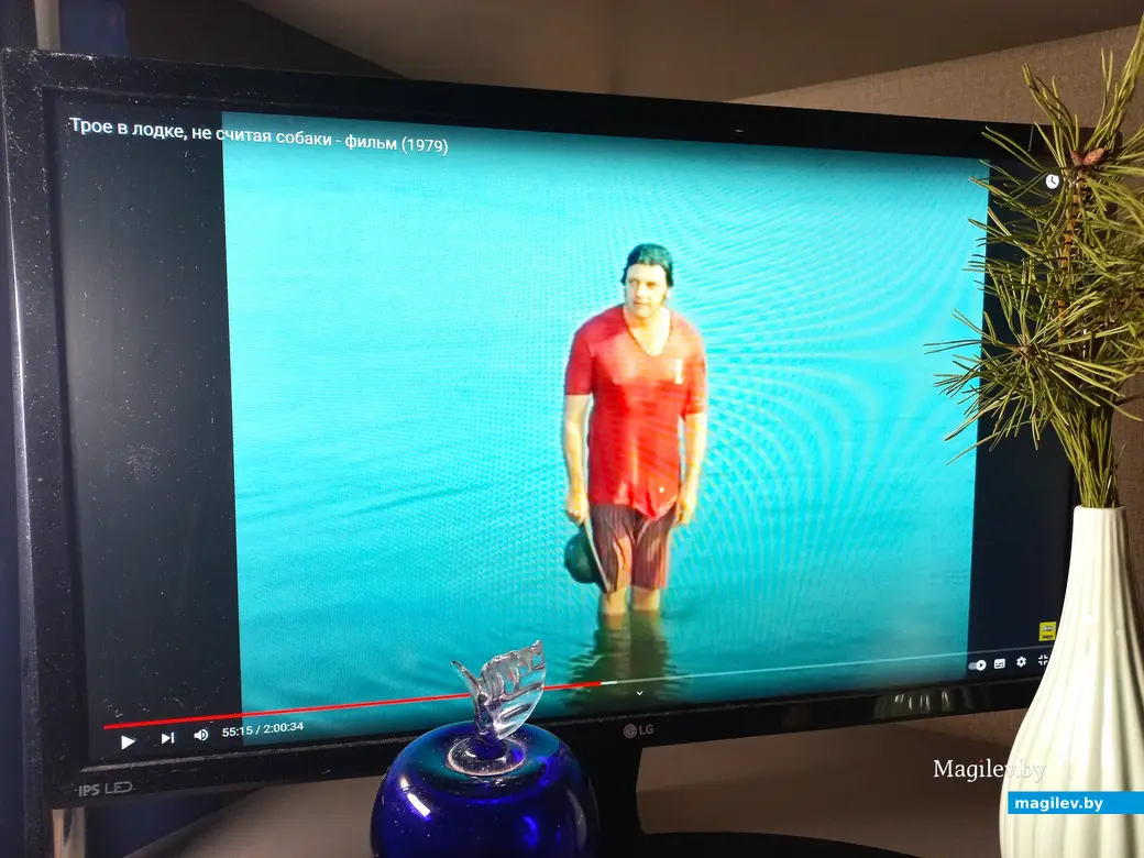 2024 г., инсталляция автора (трансляция телефильма «Трое в лодке, не считая собаки» с участием Александра Ширвиндта, 1979 г.).