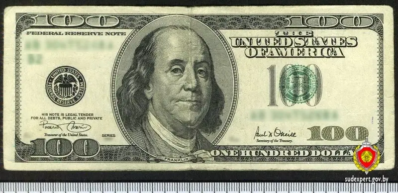 Поддельная банкнота достоинством 100 долларов США. Фото: ГКСЭ.