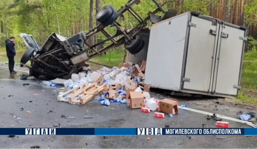 17 мая 2025 года. Лобовое столкновение в Быховском районе: легковушка «влетела» в грузовик. Кадр видео ГАИ.