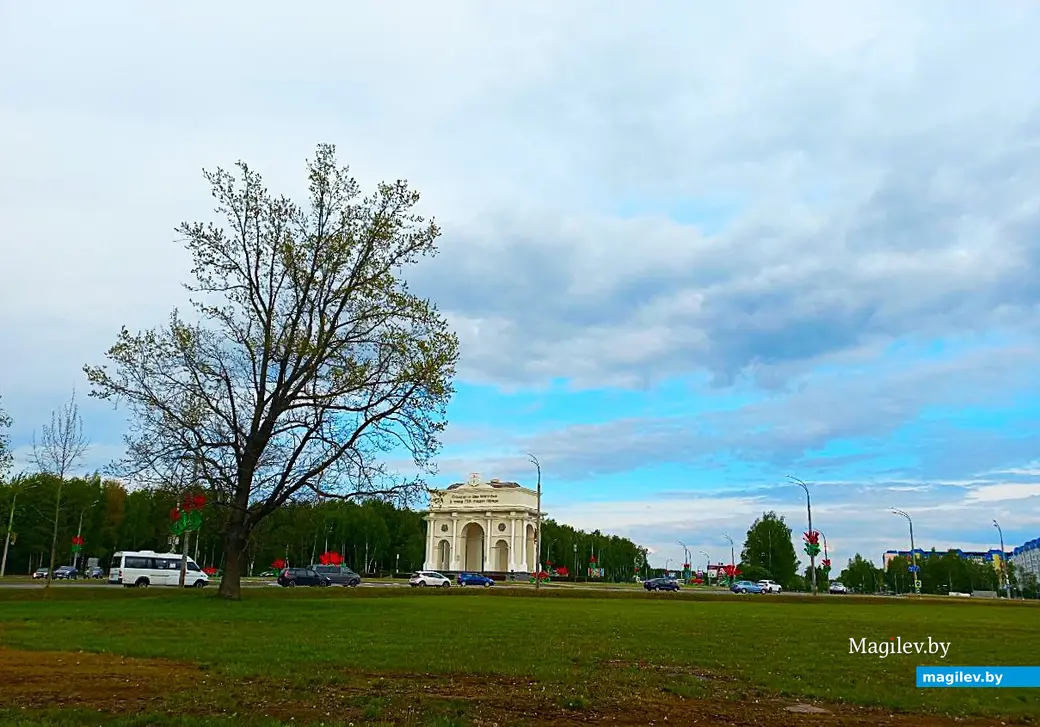 19.05.2025, Могилев, окрестности микрорайона Казимировка. Триумфальная арка и слева дерево Володи Корнеева.