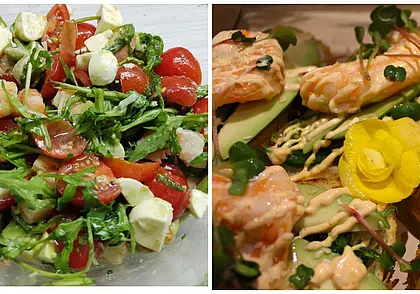 Новогодний стол: салат с креветками и брускетты с сырным соусом