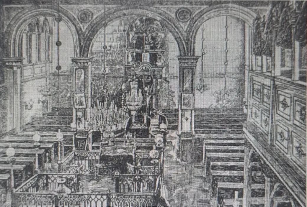 Это не рисунок, а фото начала XX века. Интерьер одной из синагог Могилева (может быть, Купеческой?), «Еврейская энциклопедия».