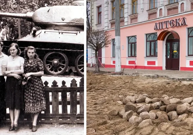 Аист на тротуаре, старый булыжник, культовый магазин