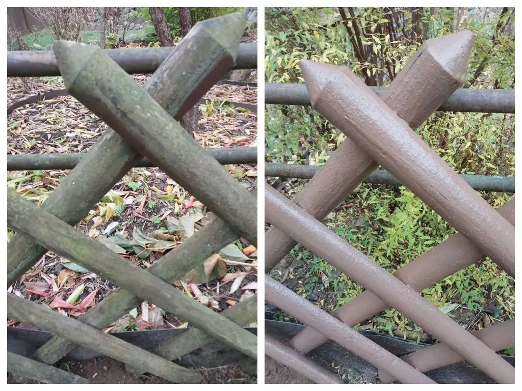 2024 год. Станция Понизов. Могилевская область. Дача Ларисы Суздалевой. Деревянный забор до и после покраски.