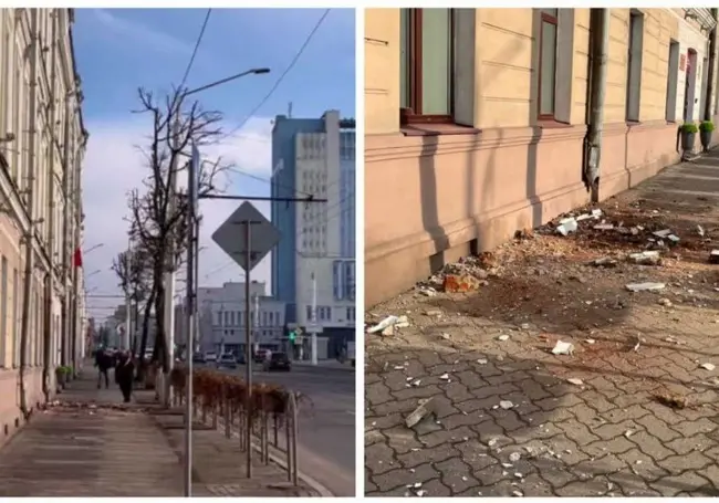 В центре Могилева с крыши школы свалилась штукатурка с кирпичами: никто не пострадал
