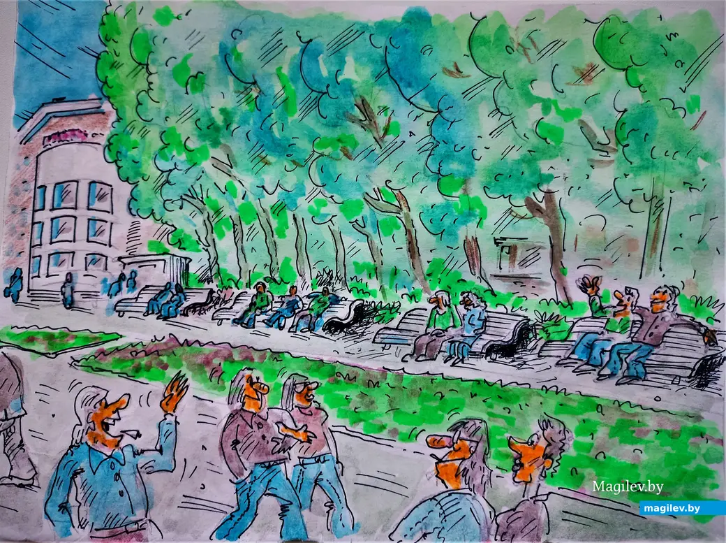 1970-е годы, Могилев. Лавочки у «Чырвонай Зоркi». Рисунок автора.