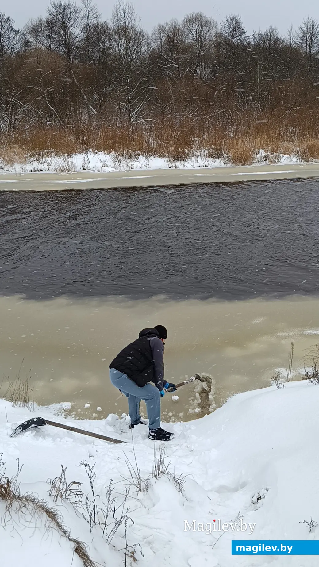 2.01.2026 г. Юрий Алёхна во время зимнего плавания на реке Птичь возле Глуска. Рубит лед.