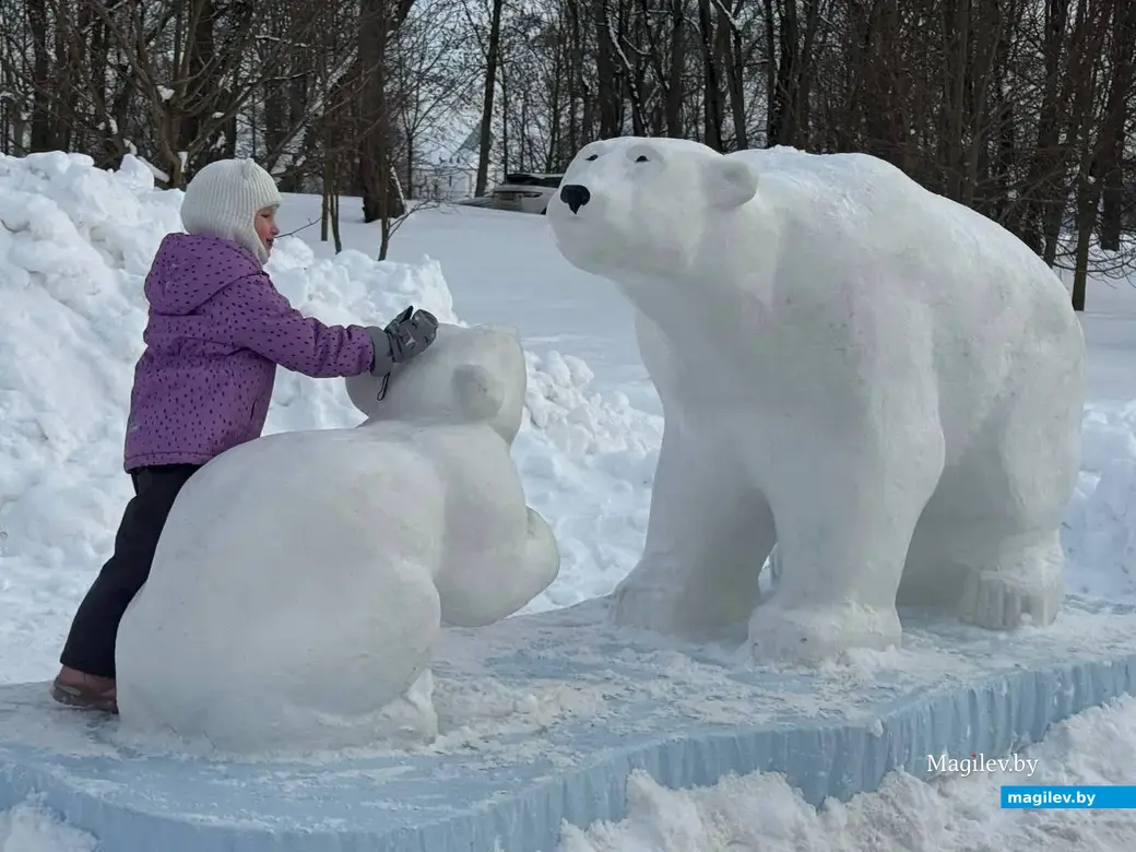 Могилев, 24 января 2026 года. Городок из снежных фигур в парке Подниколье.. 