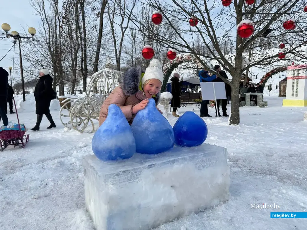 Могилев, 24 января 2026 года. Городок из снежных фигур в парке Подниколье.. 