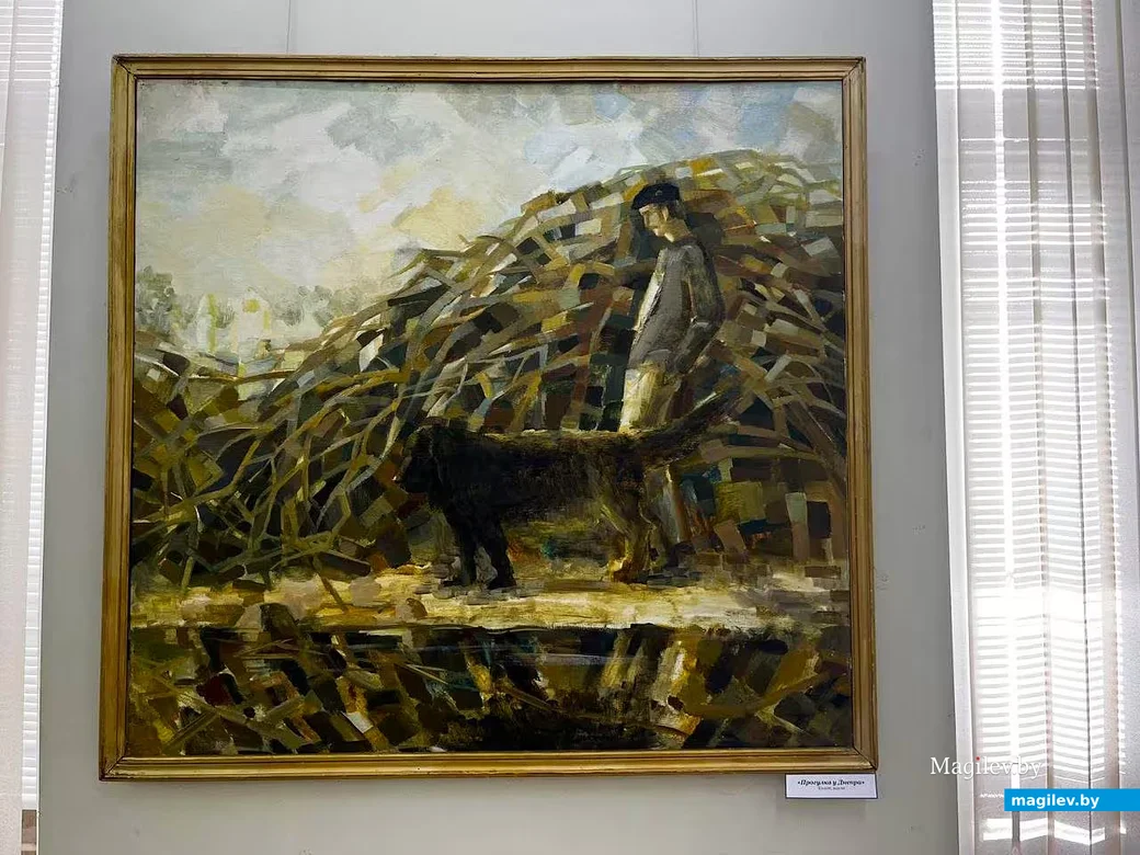 Картина Веры Юрковой «Прогулка у Днепра» (холст, масло). Легко узнаваемые пес Бартик вместе с