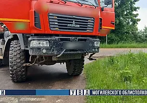 Груженый лесовоз и мопед столкнулись на деревенской улице в Кличевском районе