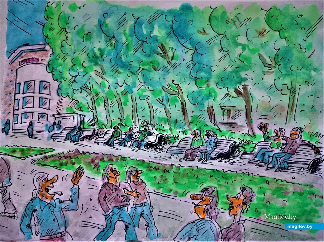 Рисунок Евгения Буловы, где изображен тот самый «рентген» у кинотеатра «Чырвоная Зорка» .