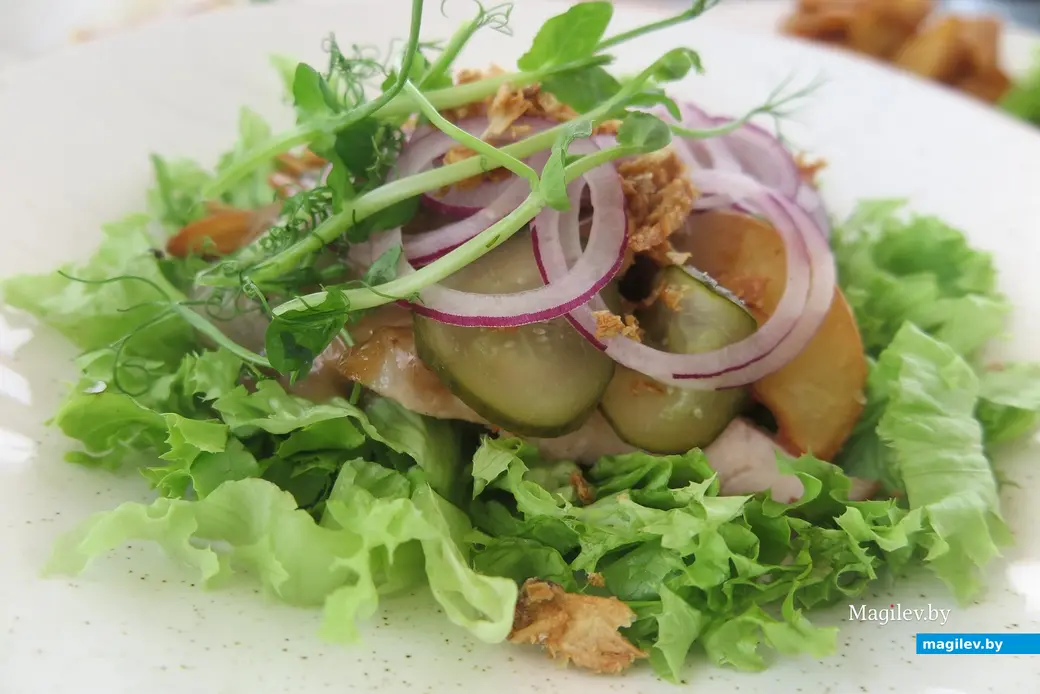 Июнь 2025 г. Могилев, ул.Симонова, ресторан «Санта Мария». Тёплый салат с беконом.