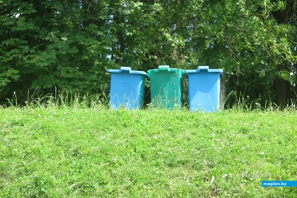 Июль 2025 г. Могилев, Печерское озеро. Баков для мусора хватает.