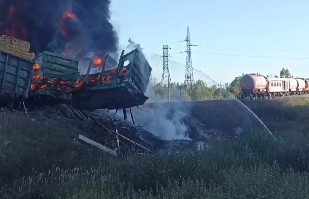 Пожарный поезд ликвидирует возгорание на месте ДТП на переезде в Смоленской области. Кадр видео РЖД.