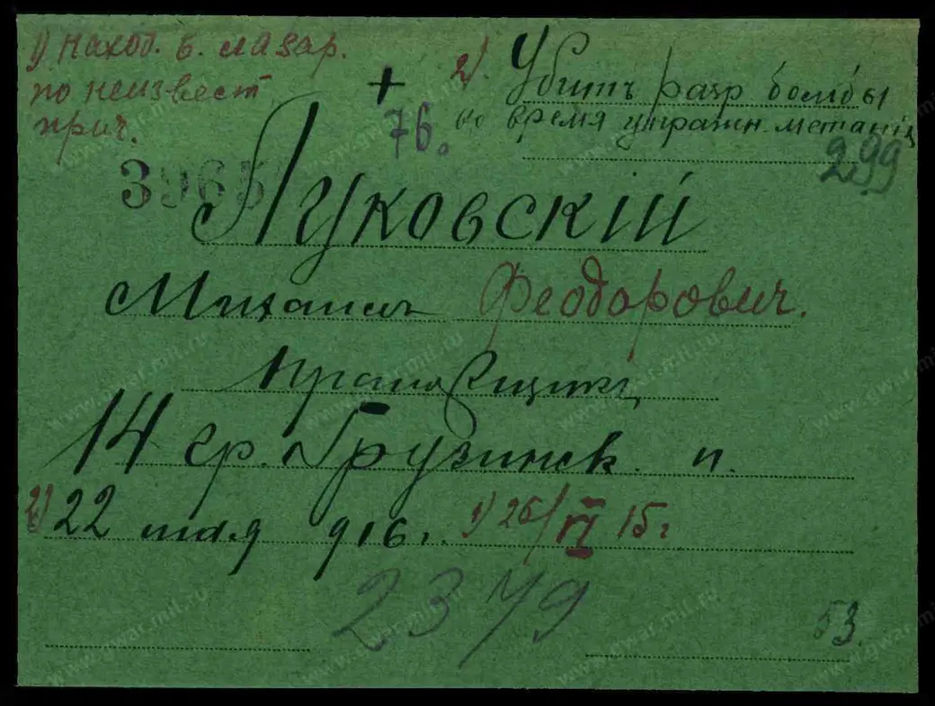 Учетная карточка подпоручика Михаила Луковского с сайта gwar.mil.ru.