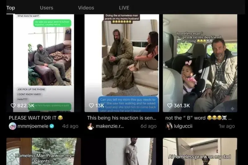 В TikTok вирусится пранк, где дети якобы пускают домой бездомного, делают с ним фото или видео и отправляют их родителям. Скриншот.
