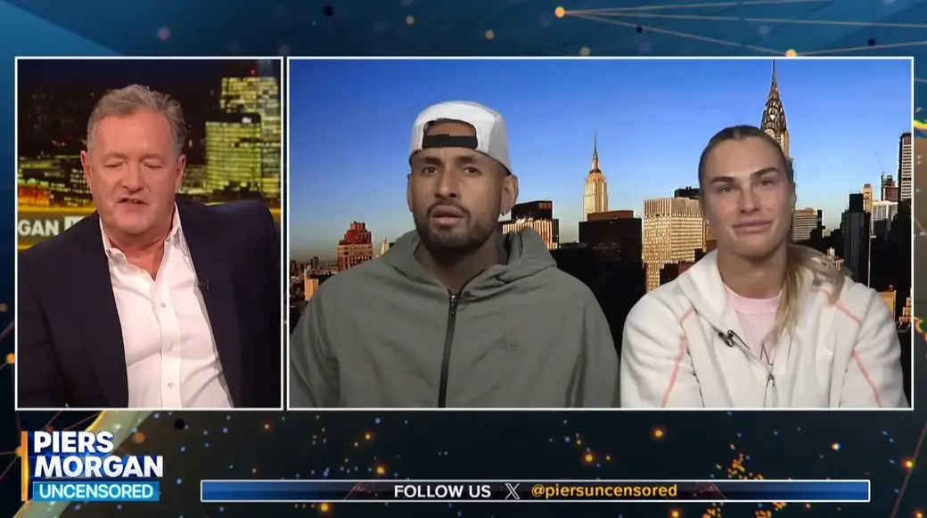 Ник Кириос и Арина Соболенко и в беседе с британским журналистом Пирсом Морганом, кадр видео.