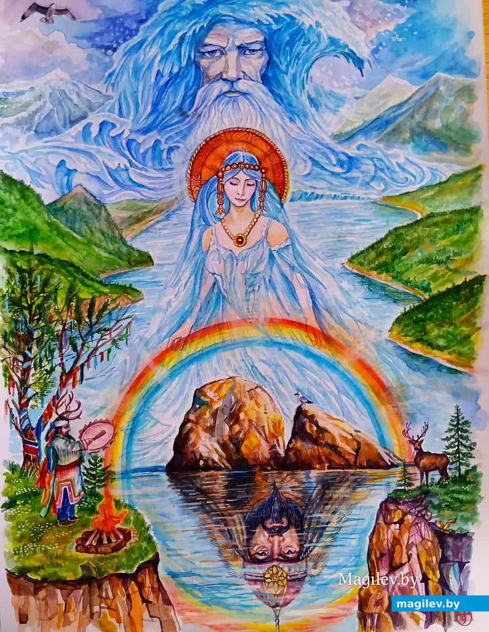 Завершенная картина Славы Каррота, на которой между скал, внизу, изображен Енисей,