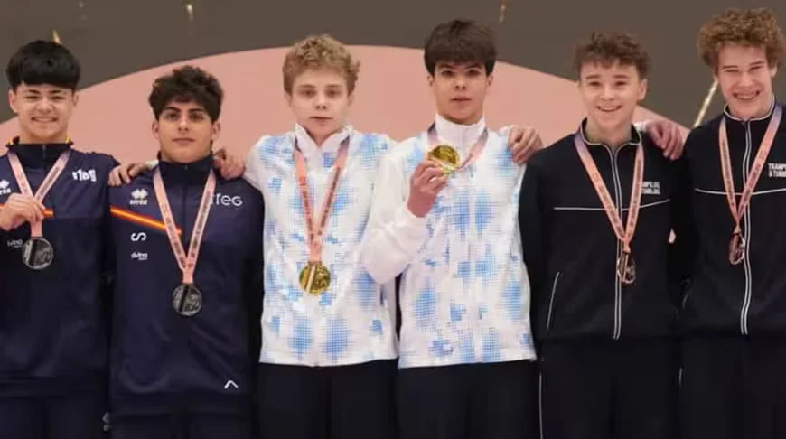 Юные батутисты из Беларуси (в центре) победили в синхронных прыжках на чемпионате Европы.