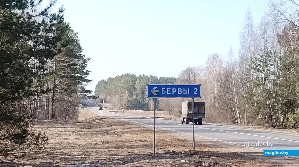 Март 2026 г. Трасса Бобруйск - Глуск - Любань. Дорожный указатель поворота на деревню Бервы.
