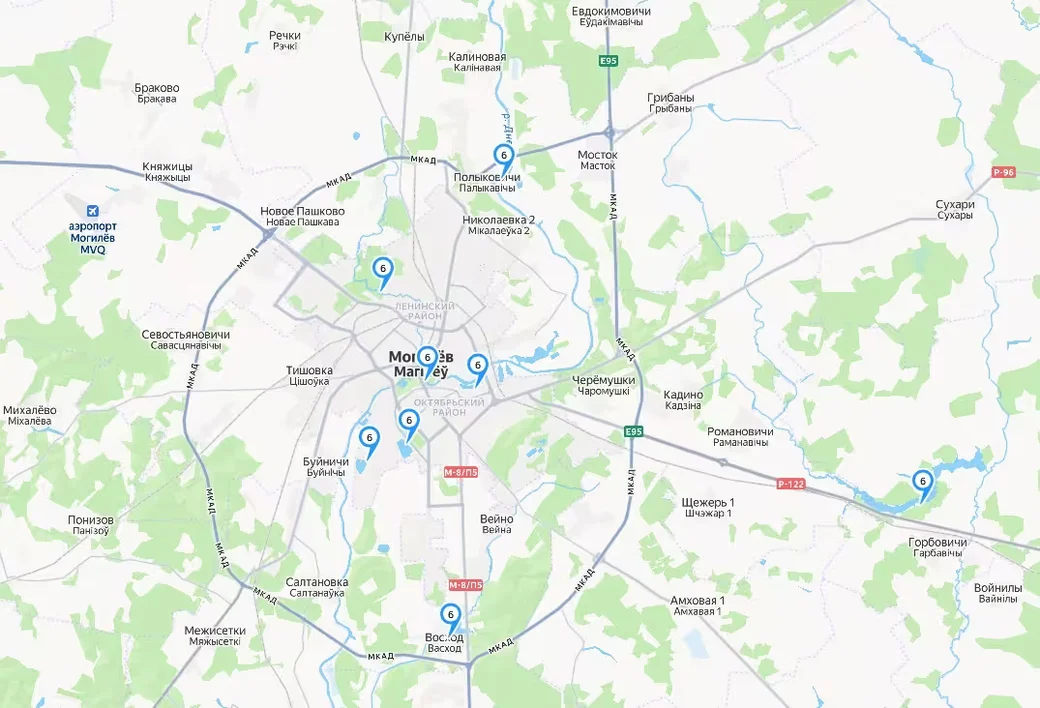 Где можно купаться в Могилеве и Могилевском районе. Карта Яндекс.