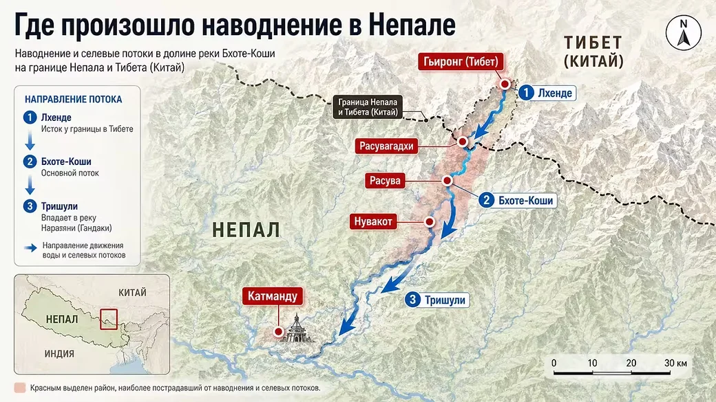 Карта наводнения в Непале: как поток прошёл от Тибета через Расувагадхи и Расуву по руслам